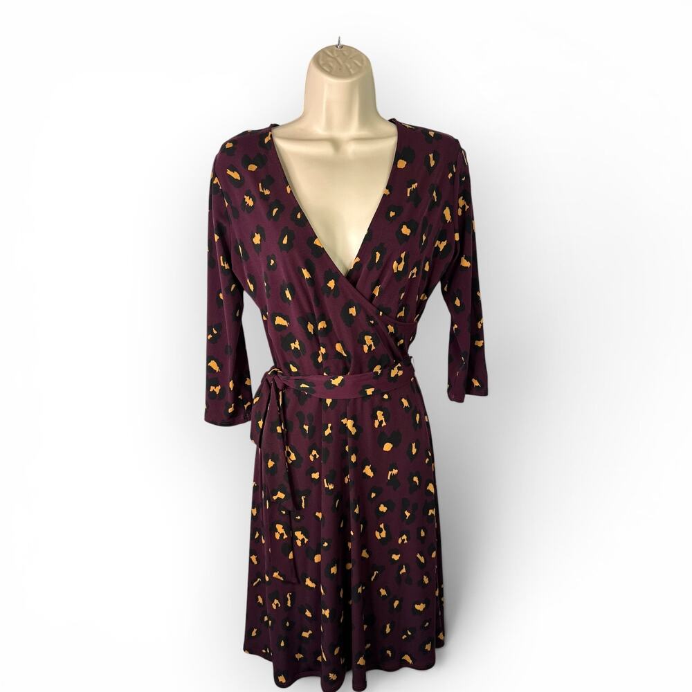 Leota Reye Faux Wrap Dress Small Plum Purple Leopard Animal Print Jersey 3/4 Slv
